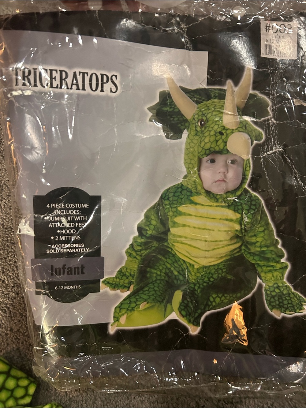Infant Green Triceratops Costume - Dinosaur Jumpsuit with Hat, Mittens